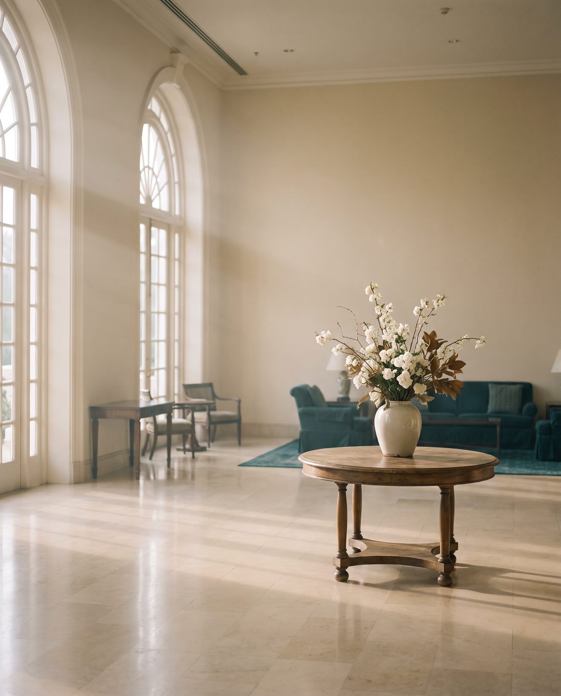 Morning light in the lobby of a heritage hotel