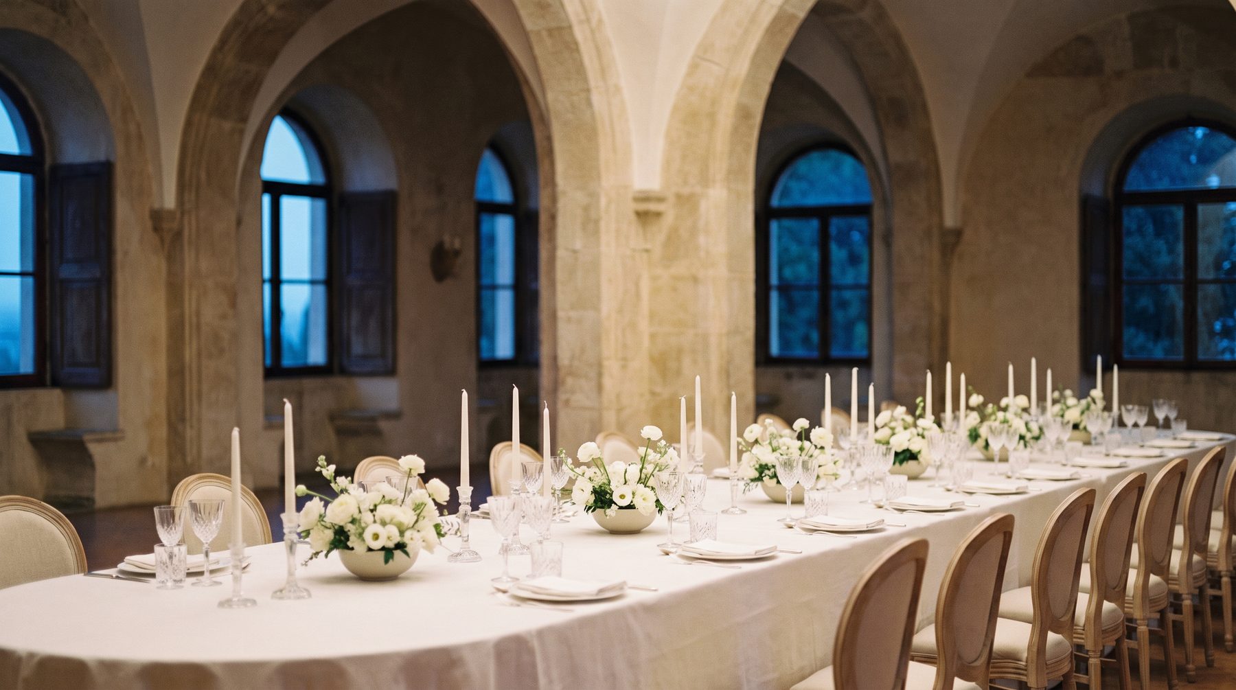 A long banquet table set for a gala dinner in a palace hall