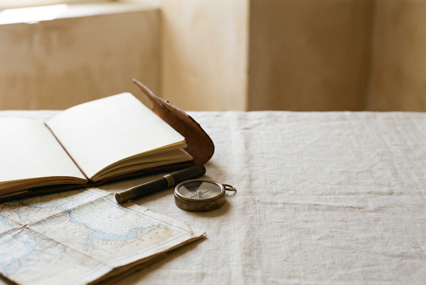 A leather travel folio, fountain pen and compass on a linen desk