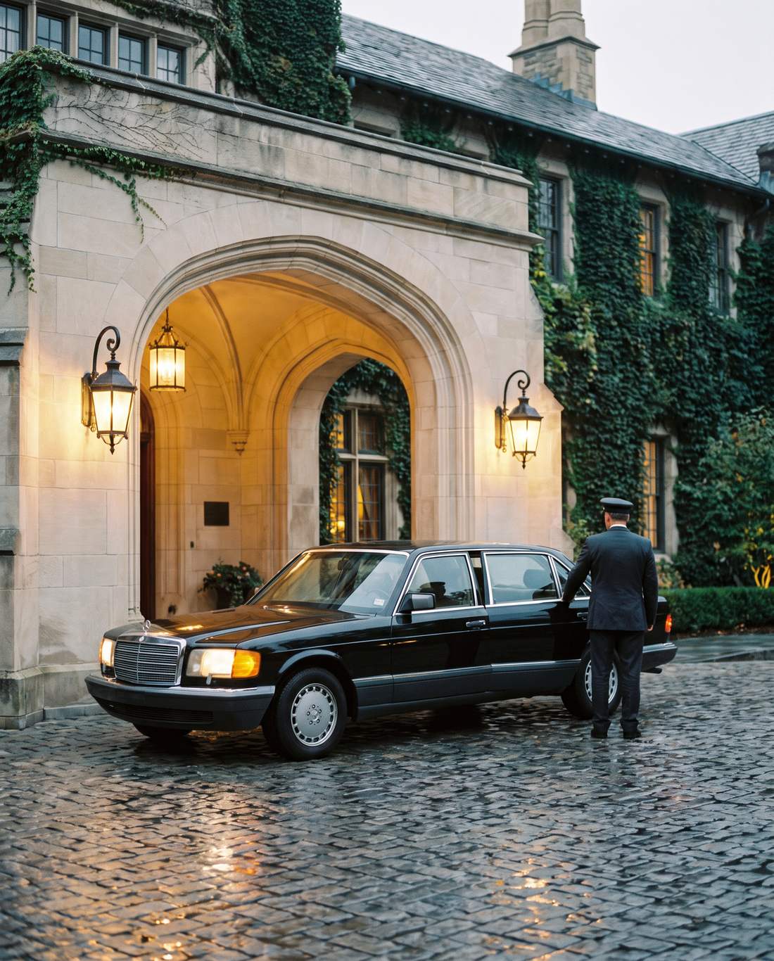 An executive sedan waiting at a hotel entrance at dusk
